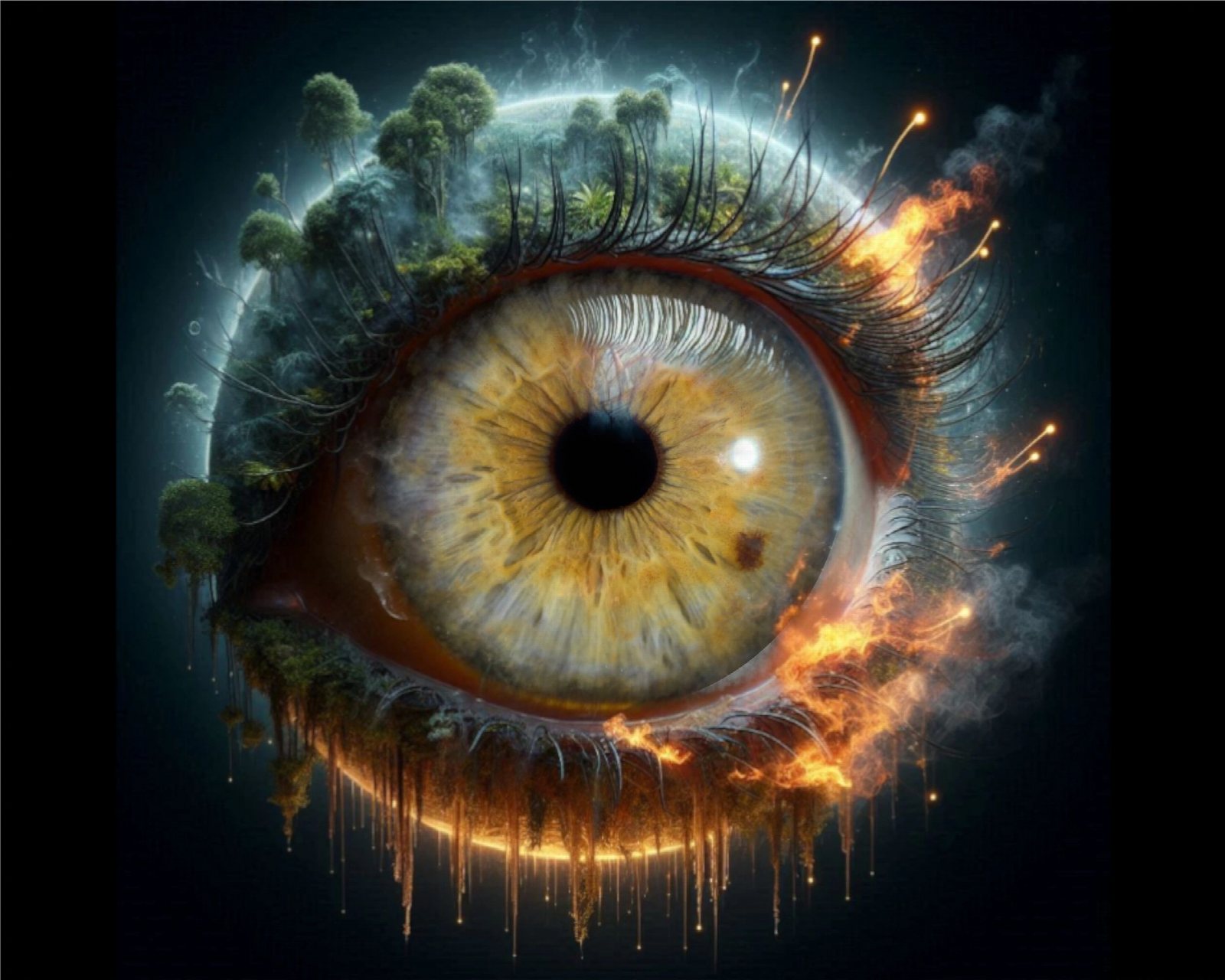 Iris artwork ringed with moss and trees, fire beneath the lower lash.