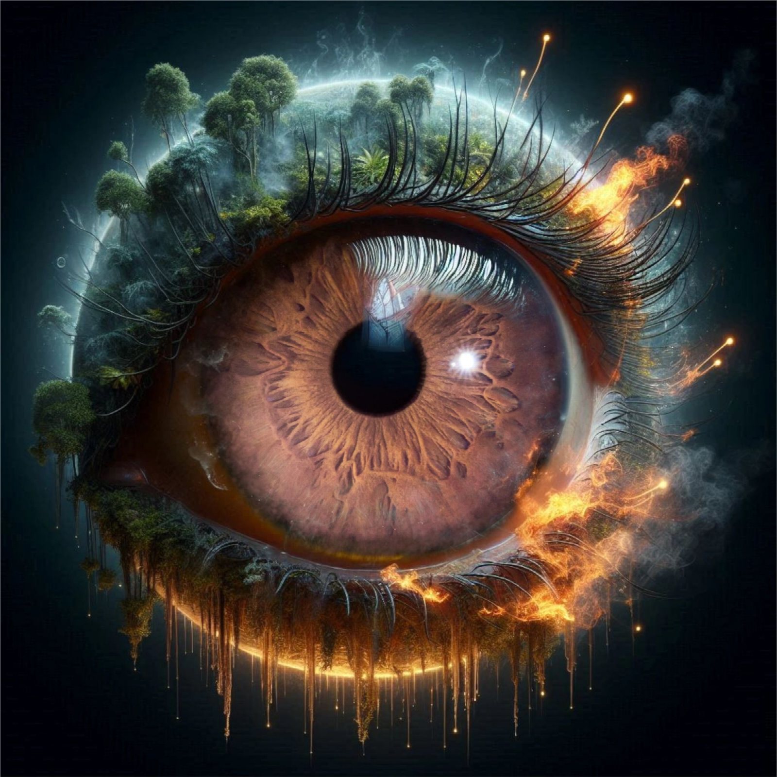 Macro iris artwork composited with fire, water and forest textures.